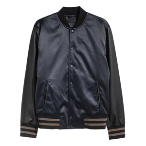 Chaquetas de hombre de satén dorado de manga larga con logotipo bordado con parches de chenilla personalizados directamente de fábrica. - Product Image 2