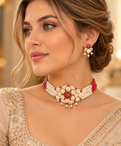 Juego de Gargantilla con Diseño de Flor Rosa Jaal Puwai, Chapado en Oro, Hecho a Mano en India, para Mujer, Ideal para Bodas, Aniversarios, Fiestas y Compromisos - Product Image 6