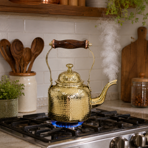 Bouilloire à thé en cuivre pur, théière en cuivre martelé artisanal avec couvercle, poignée en bois, service à thé et café indien, décoration de cuisine et de maison - Product Image 2