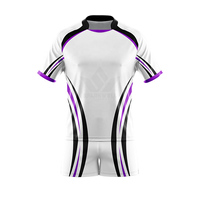Ensemble de maillot de rugby bleu personnalisé pour hommes, manches courtes, séchage rapide, évacuation de l'humidité, respirant, polyester, col rond, taille élastique