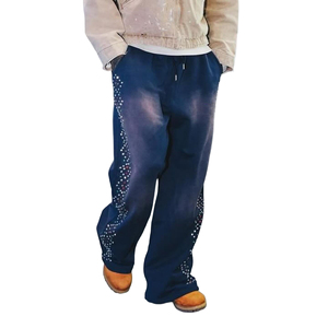 Pantalon de survêtement ample pour homme, durable, délavé, teint, vintage, orné de strass, de cristaux et de diamants scintillants, avec transfert thermique - Product Image 4