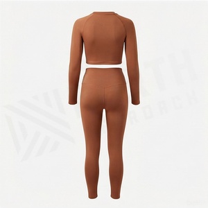 Ensemble de yoga 2 pièces pour femme : haut court à manches longues et leggings taille haute longueur cheville, couleur unie, sans couture, tenue de sport - Product Image 2