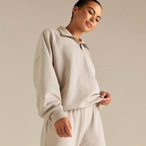 Women's Black Fleece Quarter-<b>Zip</b> Sweatshirt <b>Front</b> Logo Oversized Stand Collar Regular Sleeve Autumn Wear - Product Image 5