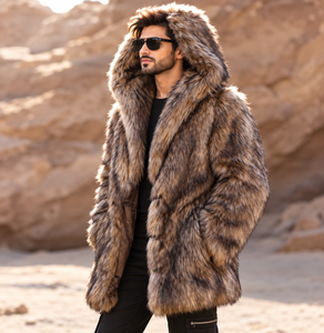 <b>Men's</b> Faux Fox Fur Parka Hooded Overcoat Thick Winter <b>Coat</b> Regular Fit Single Button Solid Color Outerwear - Product Image 1