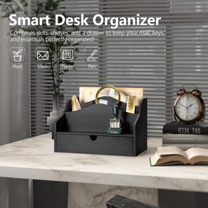 Handcrafted <b>Rustic</b> Wood <b>Desk</b> Organizer Storage Box with Drawer Tiered Letter Mail Sorter Pen Holder Office Countertop Supply - Product Image 4