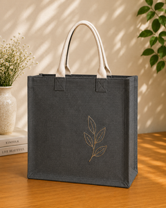 Jute Shopping Tote <b>Bag</b> <b>Medium</b> <b>Size</b> Embroidered Leaf Design Hand Length Handle - Product Image 1