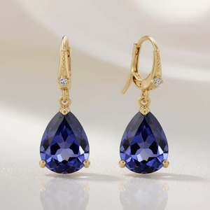 Boucles d'oreilles clous en or massif 14 carats avec tanzanite poire et accent barre de diamants, bijoux fins tendance en platine, OEM - Product Image 6