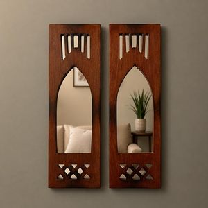 Wooden Arch <b>Mirror</b> Set Decorative Wall <b>Mirrors</b> Carved Brown <b>Hanging</b> <b>Mirror</b> Panels for Living Room Bedroom - Product Image 2