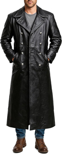 Plus Size <b>Men's</b> <b>Black</b> Leather <b>Long</b> Overcoat Double Breasted Turn Down Collar Trench <b>Coat</b> - Product Image 5