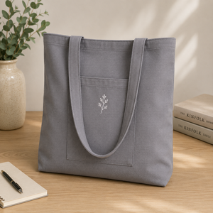 Minimalist Gray Cotton Tote <b>Bag</b> With Embroidery Front Pocket Shoulder Strap Open Top - Product Image 1