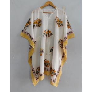 ชุดเดรสผ้าฝ้ายทำมือพิมพ์ลายบล็อกสไตล์โบฮีเมียนสำหรับใส่ไปชายหาด เสื้อคลุมหลวมๆ สวมใส่สบายในช่วงฤดูร้อน เหมาะสำหรับวันหยุดพักผ่อน คอวี แขนทรงปีกค้างคาว ทรงปล่อยชายกระโปรง - Product Image 3