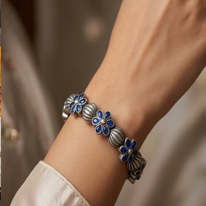 DIVYORO Women's Blue Flower Oxidized Silver Plated <b>Copper</b> Alloy Bangles with KADA Design for Party Occasions - Product Image 4