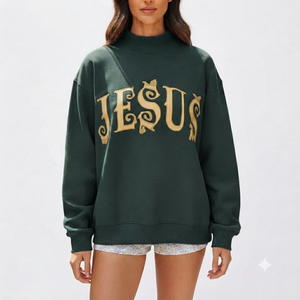 Sweat-shirt oversize à col montant pour femme, vert, avec broderie dorée et imprimé lettre Jésus, manches longues, en coton tricoté, mode automne - Product Image 1