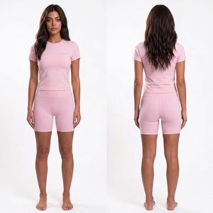 T-shirt pour femme à manches courtes et col rond, couleur unie, avec logo sur le devant, en coton extensible tricoté avec élasthanne - Product Image 3