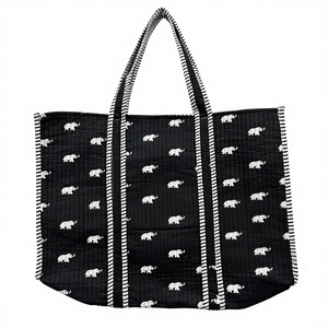 Black Elephant Print Cotton Tote Bag Large Capacity Reusable Shopping Bag Women Shoulder Handbag Wholesale Canvas Tote - Product Image 2