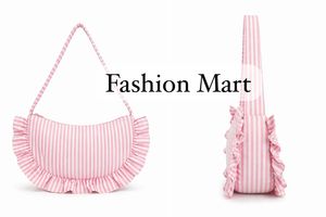 Women’s Striped Shoulder Bag with Ruffle Design Cotton Casual Handbag Trendy Crescent Shape Purse - Product Image 4