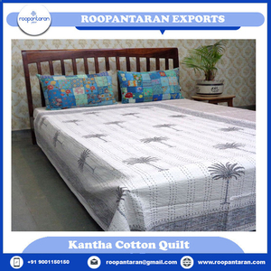 Hand Stitched Cotton Kantha <b>Quilt</b> Twin Size Grey Palm Tree Print Traditional Home Decor Bedspread at Wholesale Price - Product Image 4