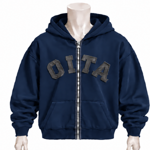 Custom <b>Navy</b> Blue Mens Full Zip Hoodie Chenille Letter Patch Heavyweight Fleece Oversized Casual Winter Streetwear <b>Sweatshirt</b> - Product Image 1