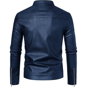 Veste en cuir de vache véritable pour homme, col montant, veste en cuir bleu marine personnalisée, veste en cuir décontractée à fermeture éclair, veste de moto en cuir - Product Image 3