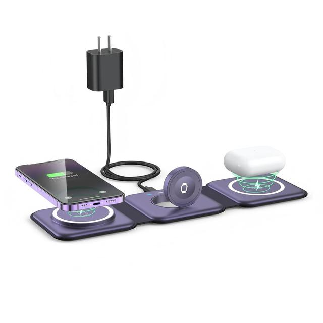 Wireless Charger 3 in 1, Magnetic Travel Wireless Charging Station Multiple Devices,GaN 3 in 1 Charging Station,Adapter Includes