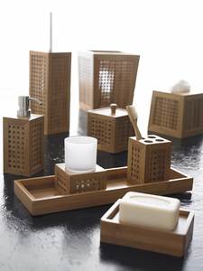 Juego de Accesorios de Baño de Bambú Natural con Dispensador de Jabón, Portacepillos de Dientes, Bandeja y Cesto para Desechos - Product Image 3