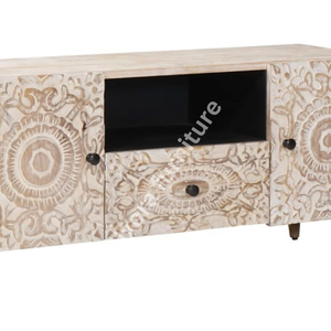 Luxury Handcrafted Solid Wood Entertainment Center Ornate Mandala Carving Whitewash <b>TV</b> Console - Product Image 4