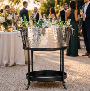 Grand Beautiful Hammered Silver Beverage Basin Classic Design 5L Capacity Portable Durable Rests Elegant Black Metal Stand - Product Image 1