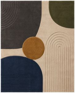 Tapis en laine tufté à la main, à poils bicolores, style abstrait mi-siècle, gris anthracite, bleu marine, jaune moutarde, grand format pour salon, design de créateur - Product Image 1