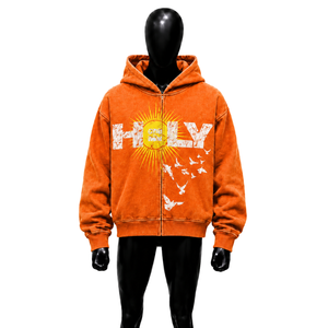 Holy Sun Bird <b>Graphic</b> Orange <b>Zip</b> <b>Up</b> <b>Hoodie</b> Oversized Vintage Streetwear Distressed Print Hooded Sweatshirt Casual Unisex Urban - Product Image 1