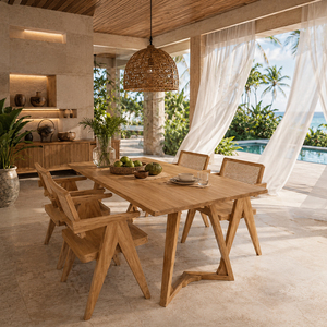 Juego de Comedor de Madera de Teca, Estilo Escandinavo Elegante, con Patas Arqueadas, Sillas de Ratán Tejidas a Mano, Moderno, para 4 Personas - Product Image 3