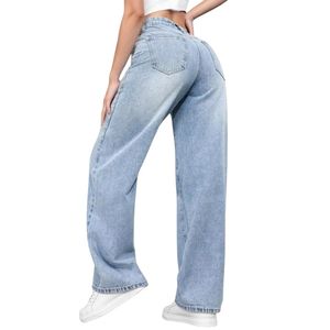 Jean large bleu ciel délavé sur mesure pour femme, style streetwear, en pur coton durable, coupe ample, effet évasé - Product Image 2
