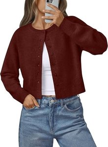Cardigan en tricot bordeaux pour femme, manches longues, col rond, boutonné, pull décontracté - Product Image 3