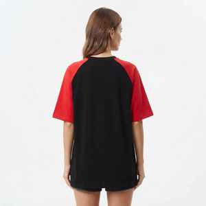 <b>Women's</b> Black Red Half Sleeve Oversized <b>T</b>-<b>Shirt</b> <b>V</b>-<b>Neck</b> Loose Fit Color Blocked Knitted Short Sleeve Regular Length - Product Image 2