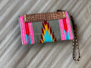 Handmade Aztec Tooled Leather Clutch Stylish <b>Women</b> <b>Saddle</b> Blanket Leather Wallets High Quality Tooled Leather Wristlet Clutch - Product Image 5