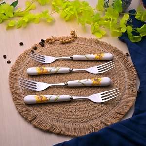Ceramic & Steel Sunray Floral <b>Forks</b> (Set of 4) for Fruit Dessert Restaurant Use Kids Friendly Stainless Steel Handle for Camping - Product Image 4