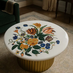 Mesa de Centro de Mármol Contemporánea de Lujo con Incrustaciones Florales Intrincadas, Superficie Decorativa Ecológica Resistente al Agua para Uso en Hoteles - Product Image 1