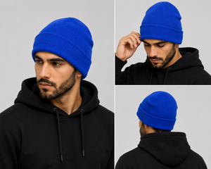Unisex <b>Blue</b> Knit <b>Beanie</b> Hat 100% Acrylic Cuffed Solid Color Casual Winter Warm Cap for Adults 56-58CM Head Circumference - Product Image 4