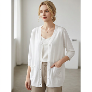 Pull en tricot blanc à col rond pour femme, manches trois quarts, longueur courte, poches, style minimaliste, vêtements d'hiver, Bangladesh - Product Image 2