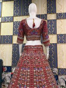 Lehenga Choli de Boda India Personalizado al por Mayor, Ghagra de Seda Roja Bordada, Estilo Tradicional de Bollywood, Sin Arrugas, Protección Solar - Product Image 6