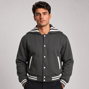 Chaqueta Varsity Gris para Hombre, con Capucha, Cierre de Botones, Estilo Casual para Otoño, Corte Regular, Color Sólido, Material de Felpa - Product Image 1