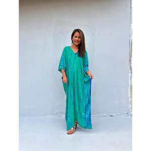 Vestido Kaftán Boho Tie Dye para Mujer, Corte Holgado, Cuello en V, Maxi, Cintura Natural, Lavable, para Usar en Vacaciones de Verano - Product Image 1