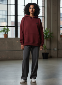 Sweat à capuche unisexe oversize en coton épais, coupe streetwear, couleur bordeaux, molleton uni, épaules tombantes - Product Image 5
