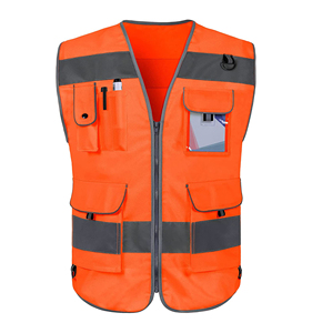 Chaleco de Seguridad Naranja para Hombre con Franjas Reflectantes, Cierre de Cremallera, Múltiples Bolsillos, Transpirable, de Poliéster, Ropa Exterior Informal - Product Image 1