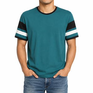 T-shirt à manches courtes pour homme, couleur unie, avec bordure contrastée, col rond, coupe classique, style tricoté décontracté - Product Image 3