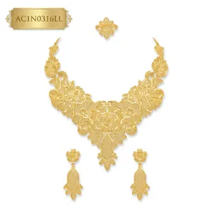 Latest Trendy Ethiopian Flower Classic Design Long Necklace Set with Earrings & Rings 18K Gold Plated Brass Jewelry for Women - Product Image 4