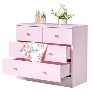 Commode moderne à 4 tiroirs pour chambre à coucher, meuble de rangement autoportant en métal rose et bois massif - Product Image 1