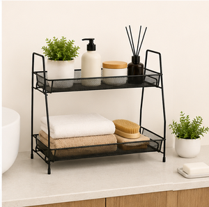 Minimalist Design Heavy Duty Multifunctional Kitchen Organizer Sundries Durable Mesh Shelf Black Double Tier Metal <b>Storage</b> <b>Rack</b> - Product Image 4