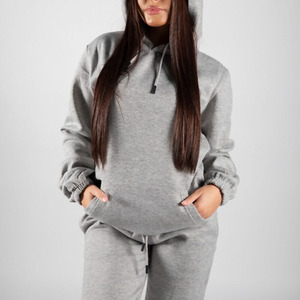 Conjunto Deportivo Gris con Capucha para Mujer, Manga Larga, Corte Holgado, Color Sólido, Ropa Casual de Otoño con Bolsillos Laterales y Cierre con Cordón - Product Image 3