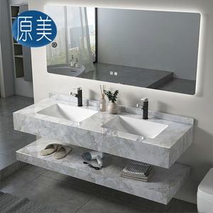 Lavabos dobles de 1400mm, losa de mármol brillante de lujo, lavabo sin costuras, tocador, estilo moderno, juego de armario de baño de piedra sinterizada con espejo - Product Image 4
