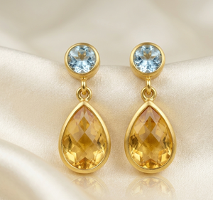 Pendientes de Citrino Natural y Topacio Azul, Plata de Ley 925, Chapados en Oro Rosa Amarillo, con Forma de Pera, Hechos a Mano, Joyería de Piedras Preciosas, Regalo para Mujer - Product Image 5